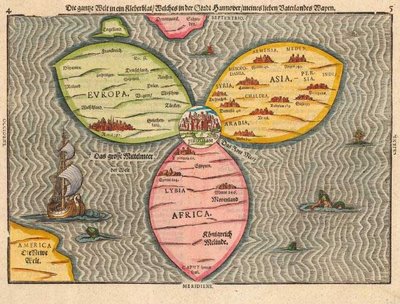 a map from 1591 showing Jerusalem in the center with three continents fanning out around it like petals on a flower.